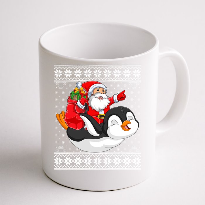 Ugly Xmas Sweater Style Santa Riding Penguin Christmas Gift Front & Back Coffee Mug