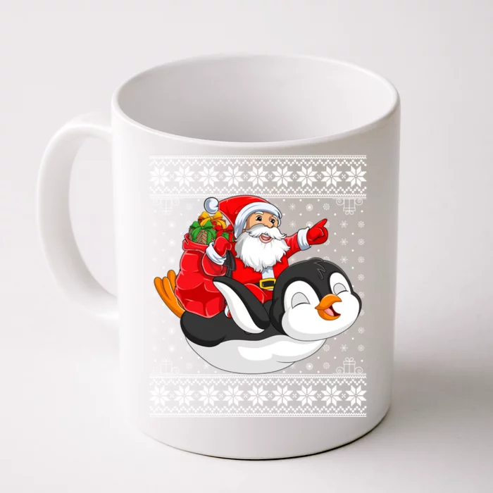 Ugly Xmas Sweater Style Santa Riding Penguin Christmas Gift Front & Back Coffee Mug