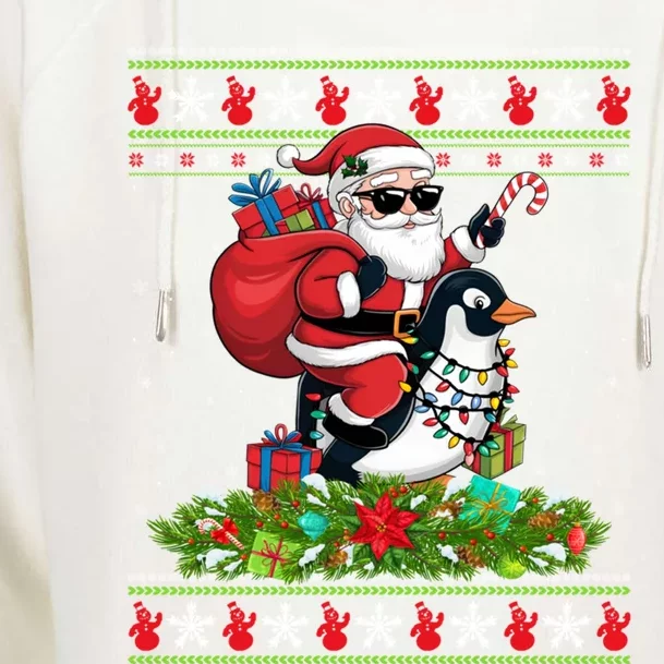 Ugly Xmas Style Santa Riding Penguin Bird Christmas Funny Gift Womens Funnel Neck Pullover Hood