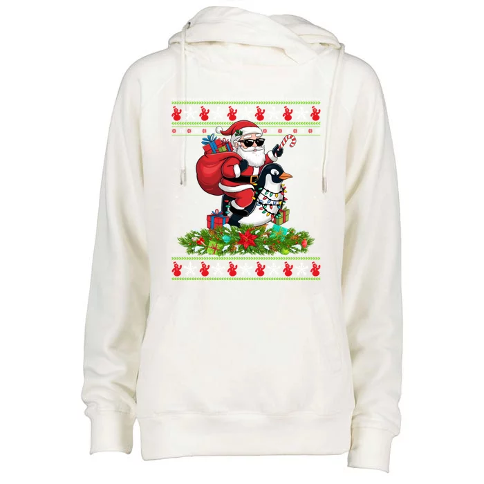 Ugly Xmas Style Santa Riding Penguin Bird Christmas Funny Gift Womens Funnel Neck Pullover Hood