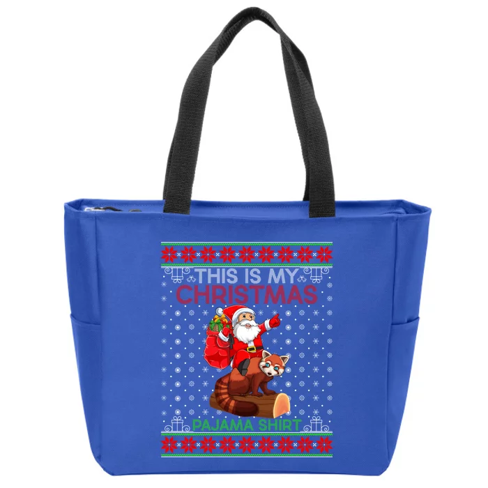 Ugly Xmas Sweater Style Santa Riding Red Panda Christmas Gift Zip Tote Bag