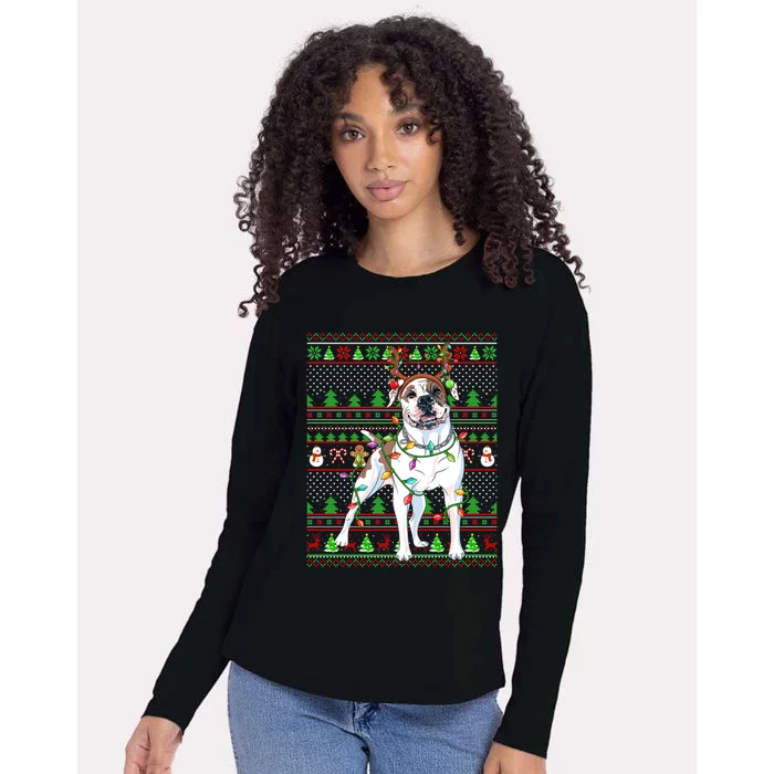 Ugly Xmas Sweater Style Lights American Bulldog Christmas Gift Womens Cotton Relaxed Long Sleeve T-Shirt