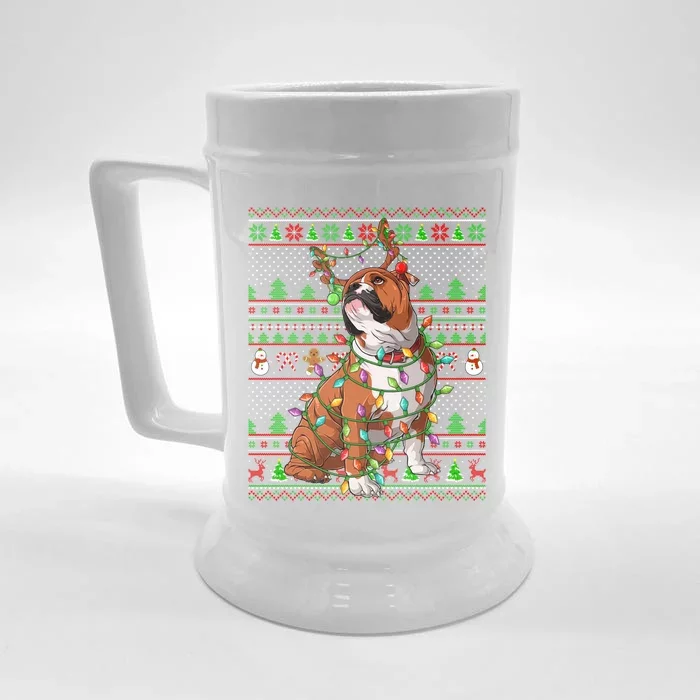 Ugly Xmas Sweater Style Lights English Bulldog Christmas Gift Front & Back Beer Stein