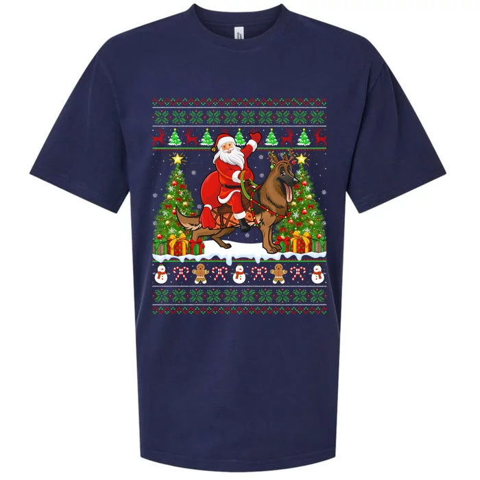 Ugly Xmas Sweater Santa Riding Ger Shepherd Dog Christmas Funny Gift Sueded Cloud Jersey T-Shirt