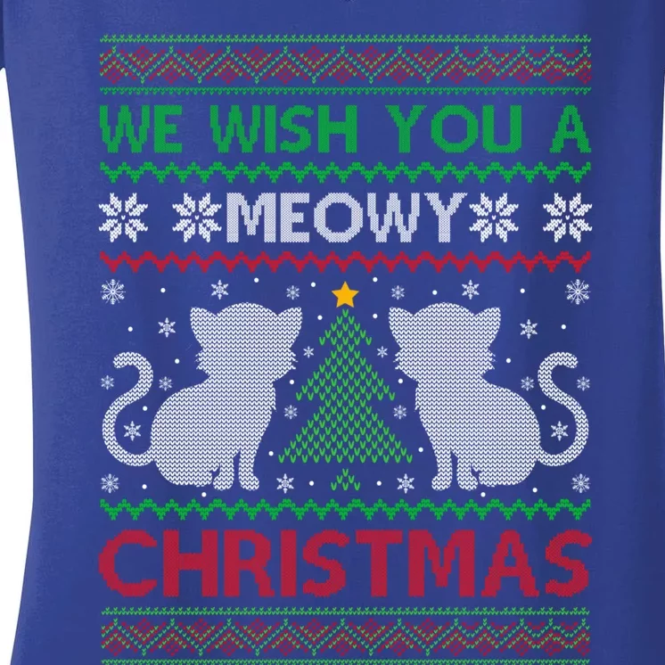 Ugly Xmas Sweater We Wish You A Meowy Cat Christmas Cool Gift Women's V-Neck T-Shirt