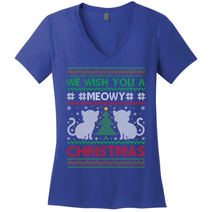 Ugly Xmas Sweater We Wish You A Meowy Cat Christmas Cool Gift Women's V-Neck T-Shirt