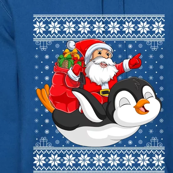 Ugly Xmas Sweater Style Santa Riding Penguin Christmas Gift Premium Hoodie