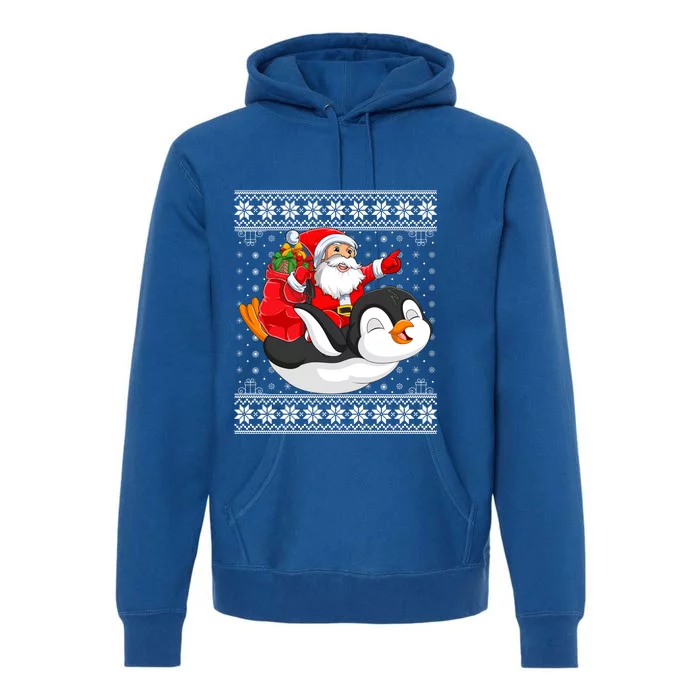 Ugly Xmas Sweater Style Santa Riding Penguin Christmas Gift Premium Hoodie