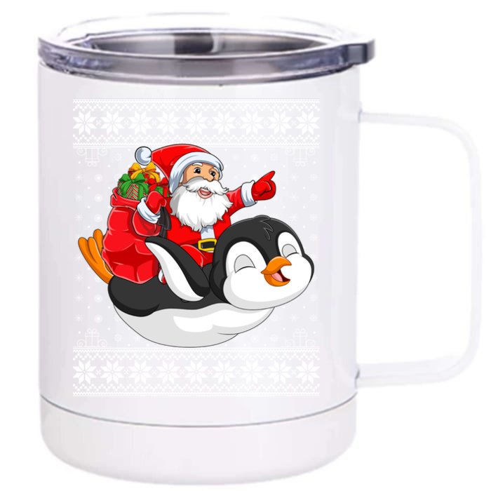 Ugly Xmas Sweater Style Santa Riding Penguin Christmas Gift Front & Back 12oz Stainless Steel Tumbler Cup