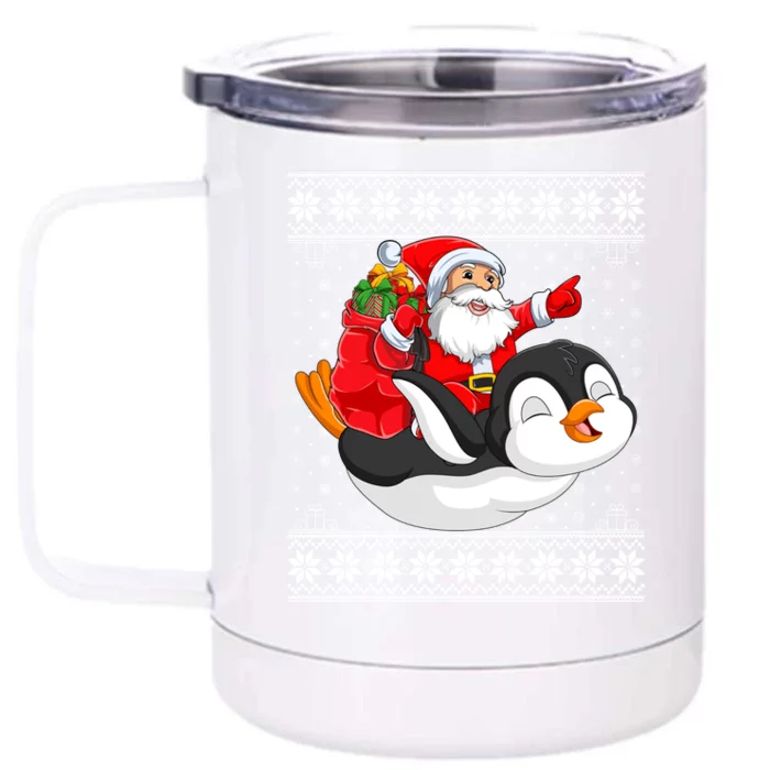 Ugly Xmas Sweater Style Santa Riding Penguin Christmas Gift Front & Back 12oz Stainless Steel Tumbler Cup