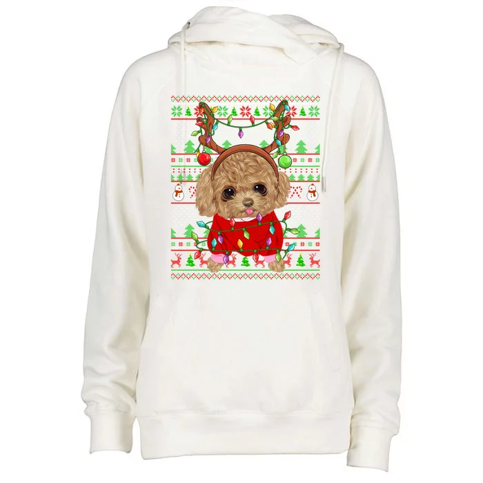 Ugly Xmas Sweater Style Lights Toy Poodle Dog Christmas Cute Gift Womens Funnel Neck Pullover Hood