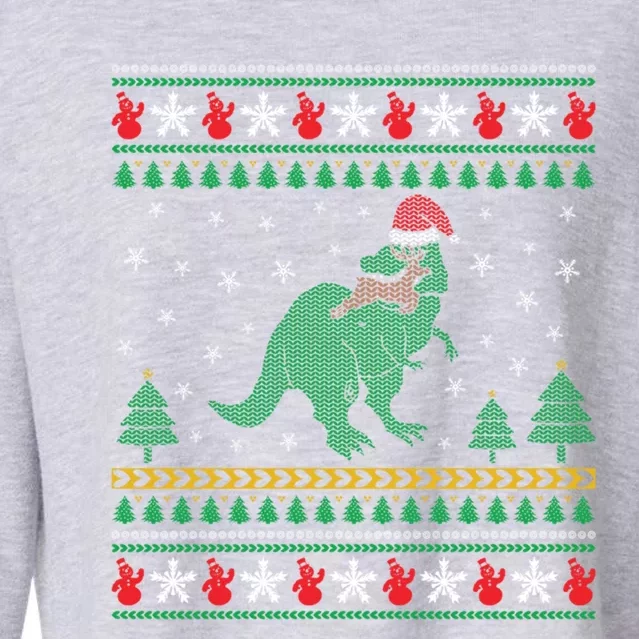 Ugly Xmas T Rex Christmas Dinosaur Eating Reindeer Cute Gift Cropped Pullover Crew