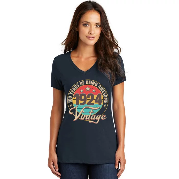 Vintage 1924 100 Years Of Being Awesome Women's V-Neck T-Shirt