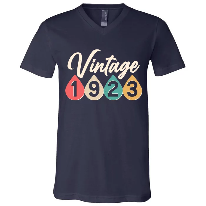 Vintage 1923 100th Birthday Retro Teardrop Design V-Neck T-Shirt