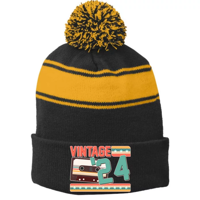 Vintage 1924 100th Birthday Cassette Tape Stripe Pom Pom Beanie