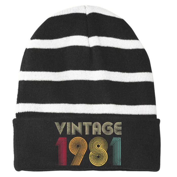 Vintage 1981 42nd Birthday Gift Retro  Wo 42 Years Old Striped Beanie with Solid Band