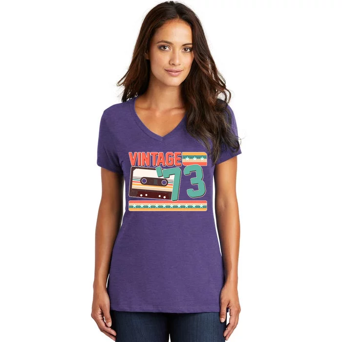 Vintage 1973 50th Birthday Cassette Tape Women's V-Neck T-Shirt