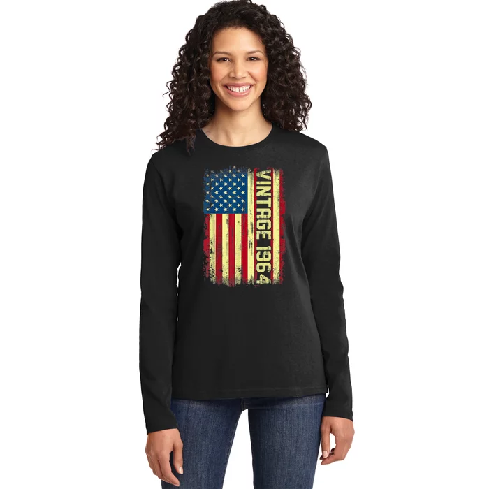 Vintage 1964 60th Birthday Gifts 60 Year Old American Flag Ladies Long Sleeve Shirt