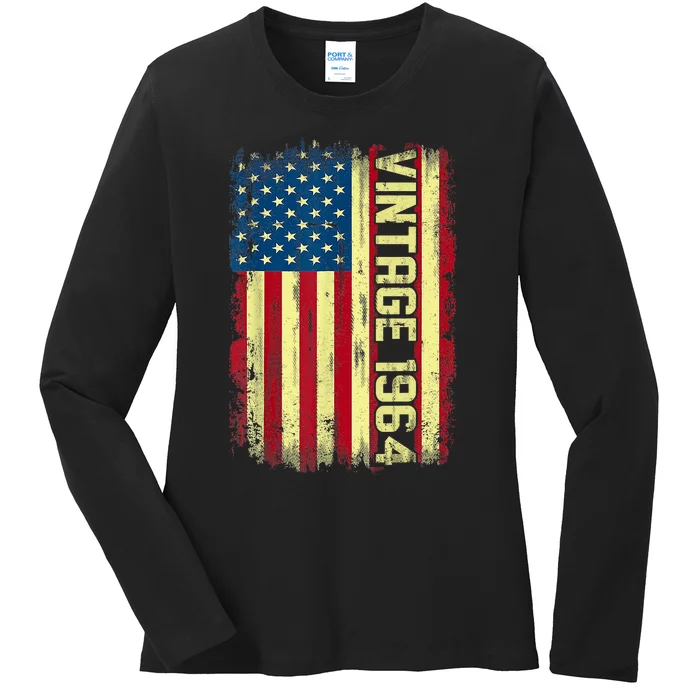 Vintage 1964 60th Birthday Gifts 60 Year Old American Flag Ladies Long Sleeve Shirt