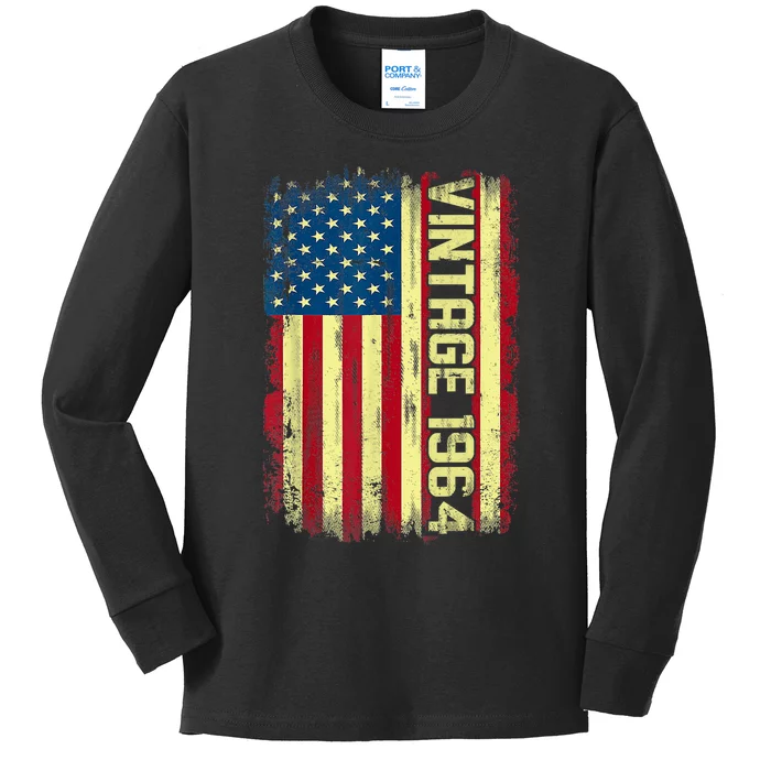 Vintage 1964 60th Birthday Gifts 60 Year Old American Flag Kids Long Sleeve Shirt