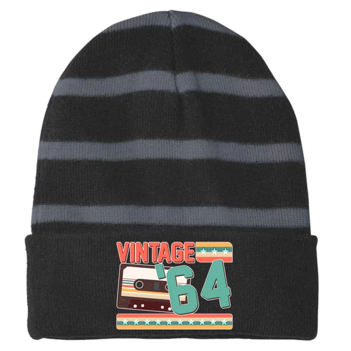 Vintage 1964 60th Birthday Cassette Tape Striped Beanie with Solid Band