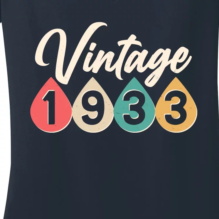 Vintage 1933 90th Birthday Retro Teardrop Design Women's V-Neck T-Shirt