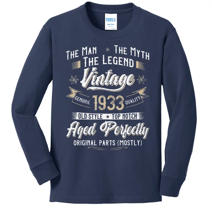 Vintage 1933 90th Birthday Gift 90 Years Old Kids Long Sleeve Shirt