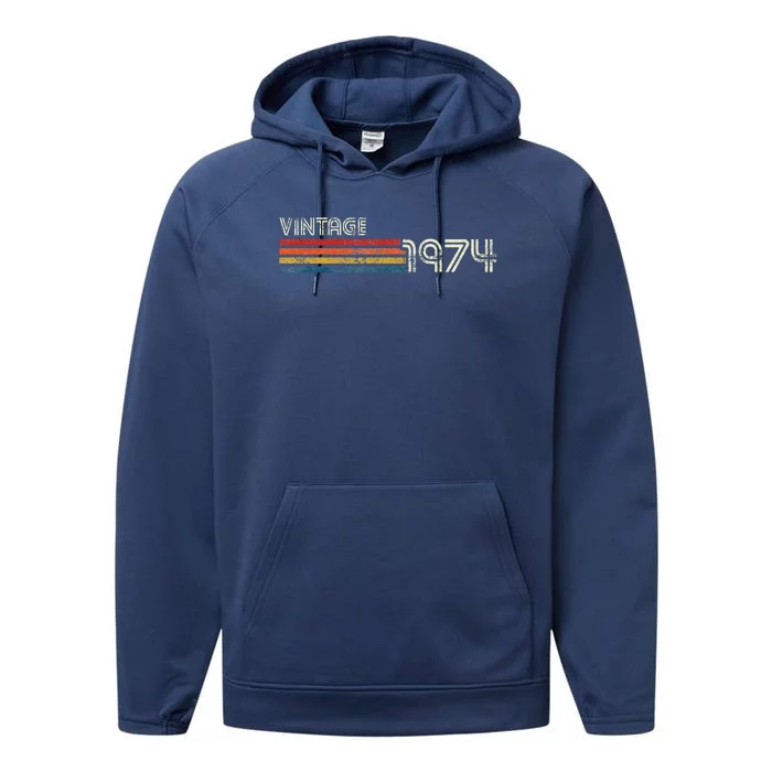 Vintage 1974 Chest Stripe Birthday Performance Fleece Hoodie