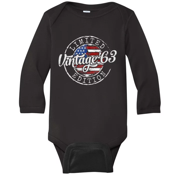 Vintage 1963 Flag Stamp 60th Birthday Gifts 60 Year Old Baby Long Sleeve Bodysuit