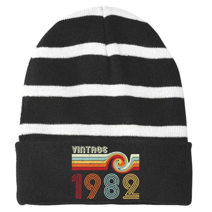 Vintage 1982 Retro Birthday Gift Striped Beanie with Solid Band