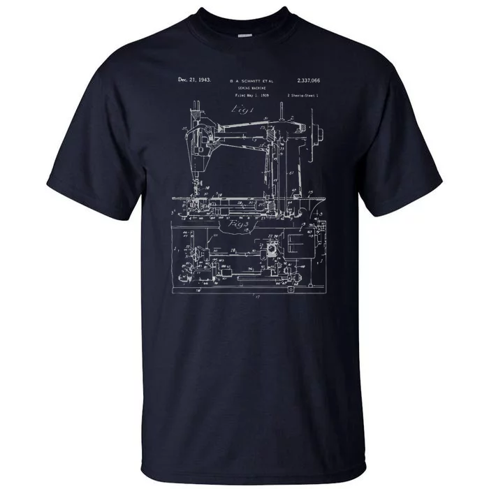 Vintage 1943 Sewing Machine Patent Print Seamstress Gift Tall T-Shirt