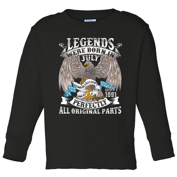 Vintage 33rd Birthday Legends Born In July 1991 33 Years Old Toddler Long Sleeve Shirt