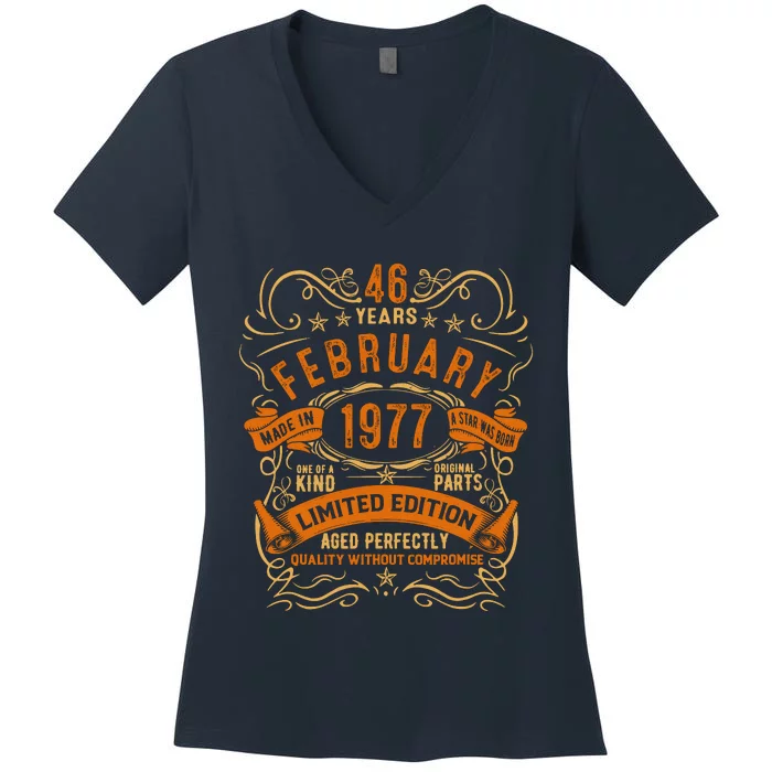 Vintage 46th Birthday February 1977 Birthday Women's V-Neck T-Shirt