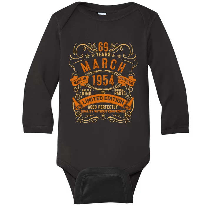 Vintage 69th Birthday March 1954 Birthday Baby Long Sleeve Bodysuit