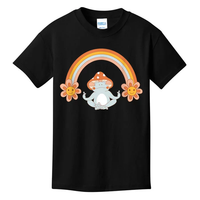 Vintage 70s Happy Hippy Meditating Frog Rainbow Graphic Kids T-Shirt