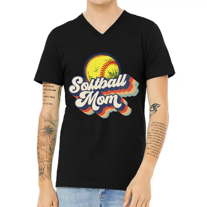 Vintage 70s Style Design Softball Mom V-Neck T-Shirt