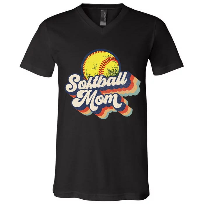 Vintage 70s Style Design Softball Mom V-Neck T-Shirt