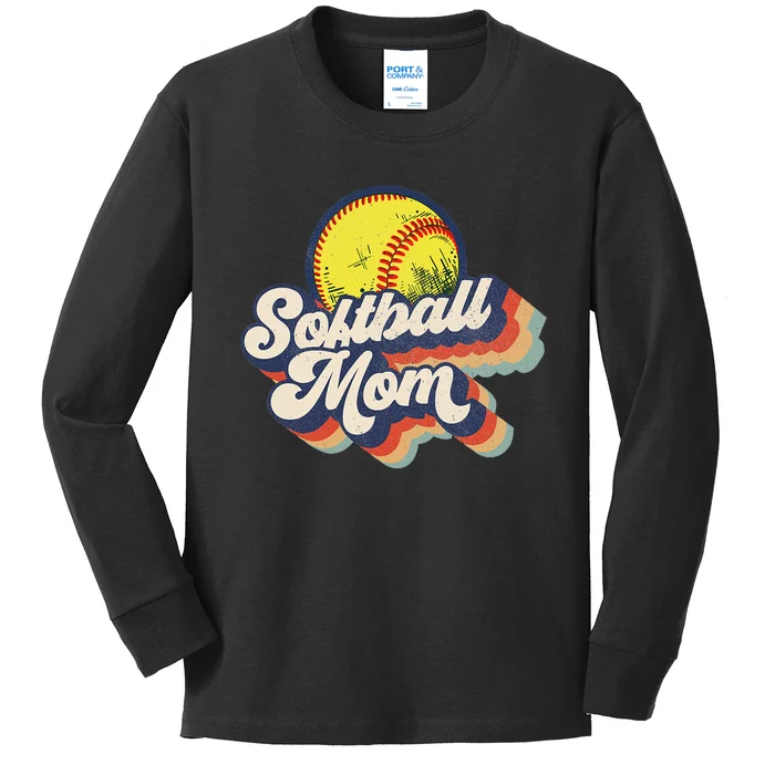 Vintage 70s Style Design Softball Mom Kids Long Sleeve Shirt