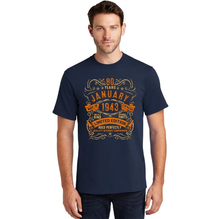 Vintage 80th Birthday January 1943 Birthday Tall T-Shirt