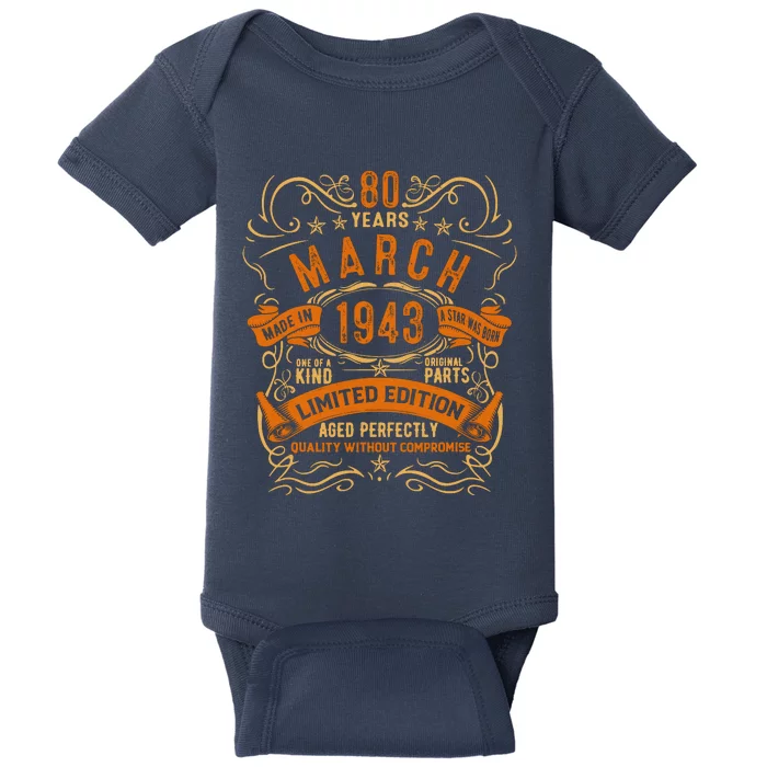 Vintage 80th Birthday March 1943 Birthday Baby Bodysuit