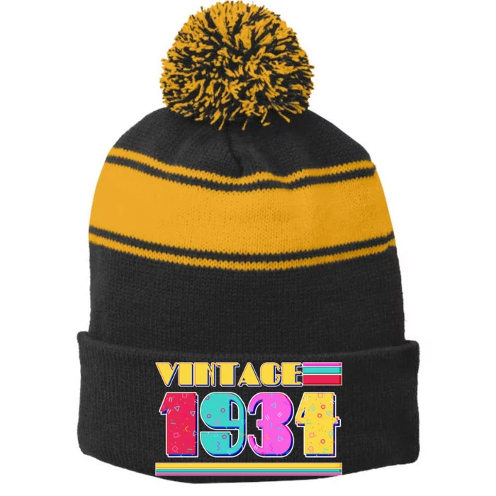 Vintage 80s Colors 1934 90th Birthday Stripe Pom Pom Beanie