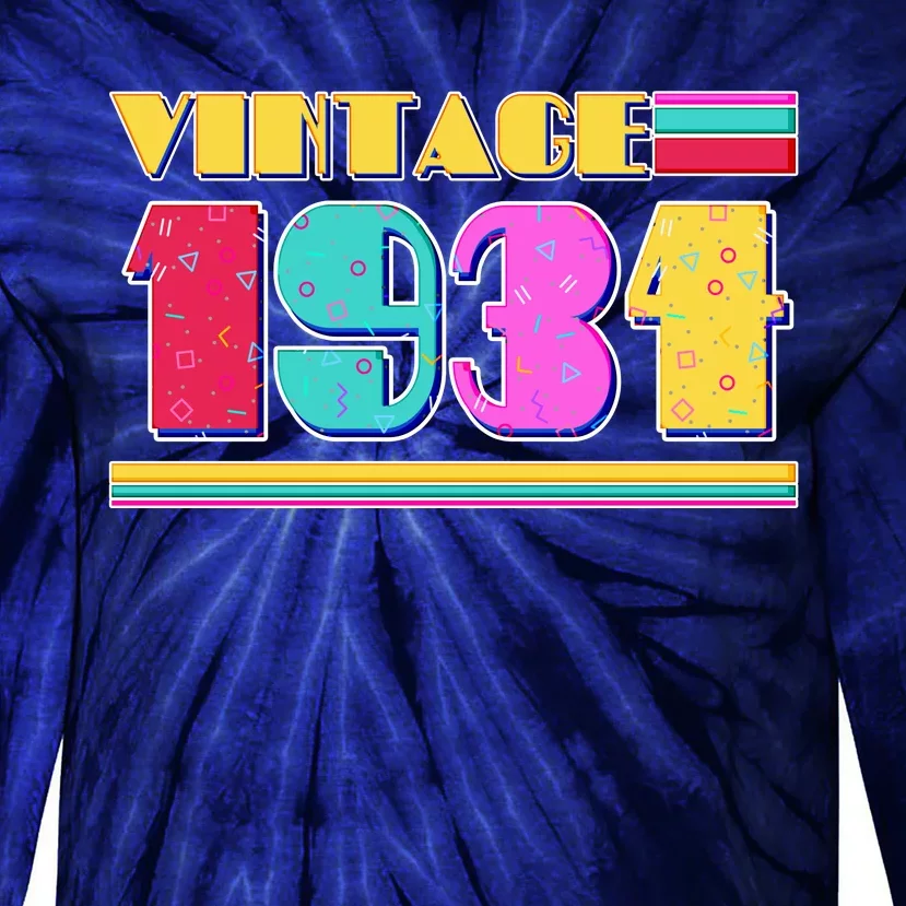 Vintage 80s Colors 1934 90th Birthday Tie-Dye Long Sleeve Shirt