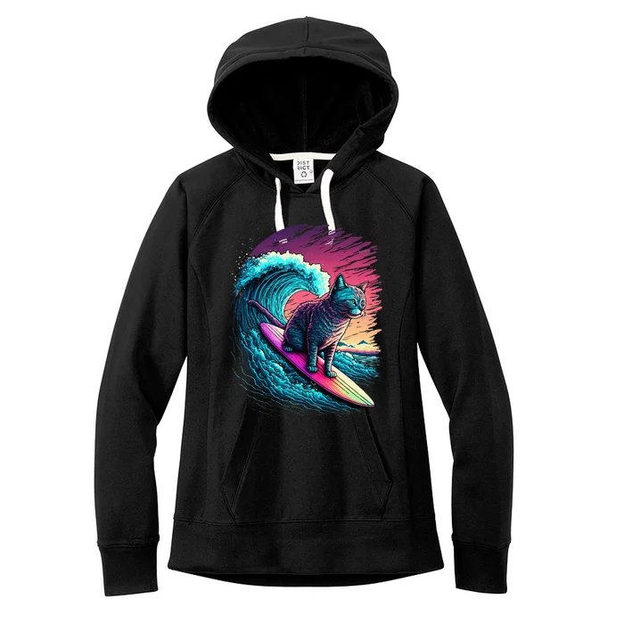 Vintage 80s Vaporwave Synthwave Retro Surfing Cat Kitten Women's Fleece Hoodie