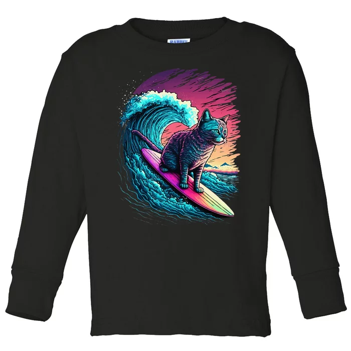 Vintage 80s Vaporwave Synthwave Retro Surfing Cat Kitten Toddler Long Sleeve Shirt