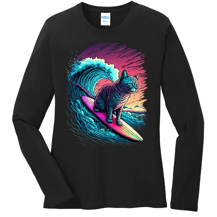 Vintage 80s Vaporwave Synthwave Retro Surfing Cat Kitten Ladies Long Sleeve Shirt