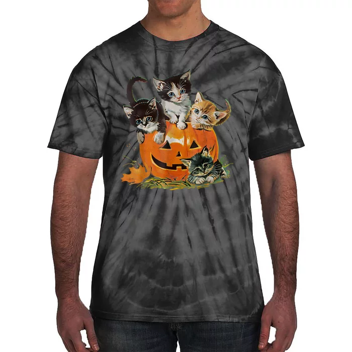 Vintage 90s Cat Pumpkin Halloween Retro Floral Spooky Season Tie-Dye T-Shirt