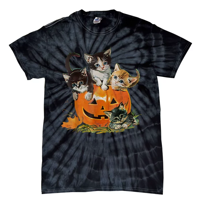 Vintage 90s Cat Pumpkin Halloween Retro Floral Spooky Season Tie-Dye T-Shirt