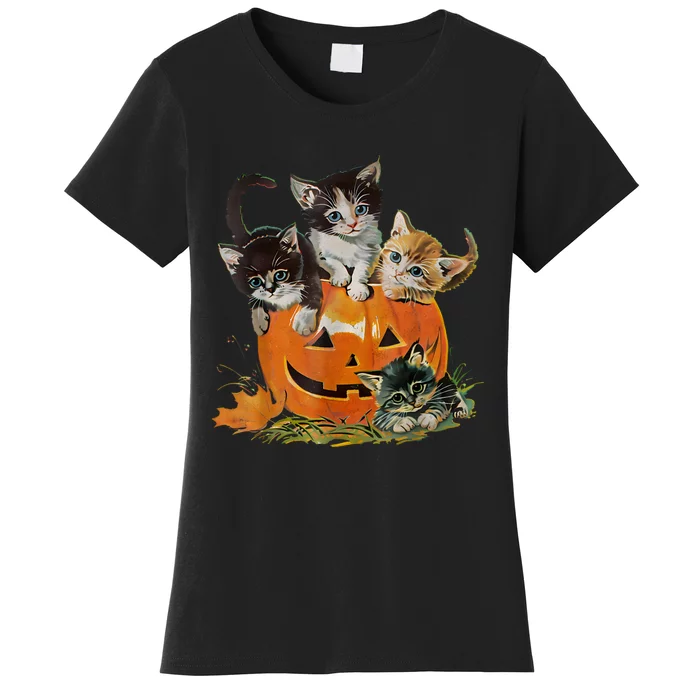 Vintage 90s Cat Pumpkin Halloween Retro Floral Spooky Season Women's T-Shirt