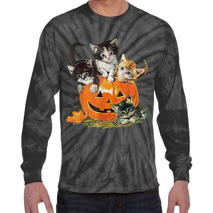 Vintage 90s Cat Pumpkin Halloween Retro Floral Spooky Season Tie-Dye Long Sleeve Shirt