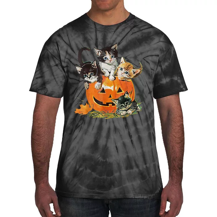 Vintage 90s Cat Pumpkin Halloween Retro Floral Spooky Season Tie-Dye T-Shirt